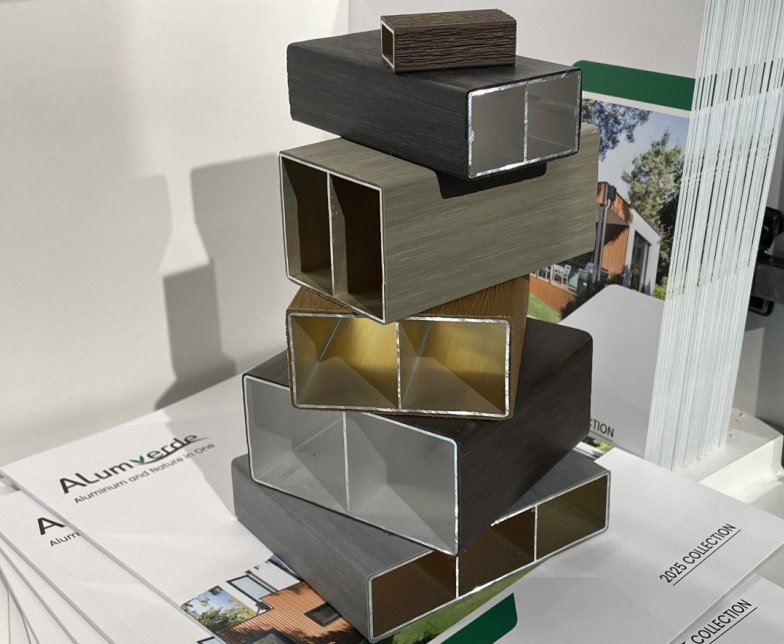 ALumverde blends 6063-T5 aluminum with Surlyn for durable, fire-rated wood aesthetics