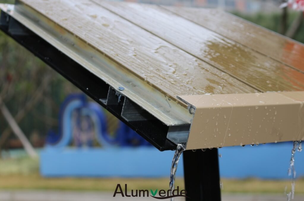 Co-extrusion aluminum LuxeFlow decking channels water, resists damage, protects surface