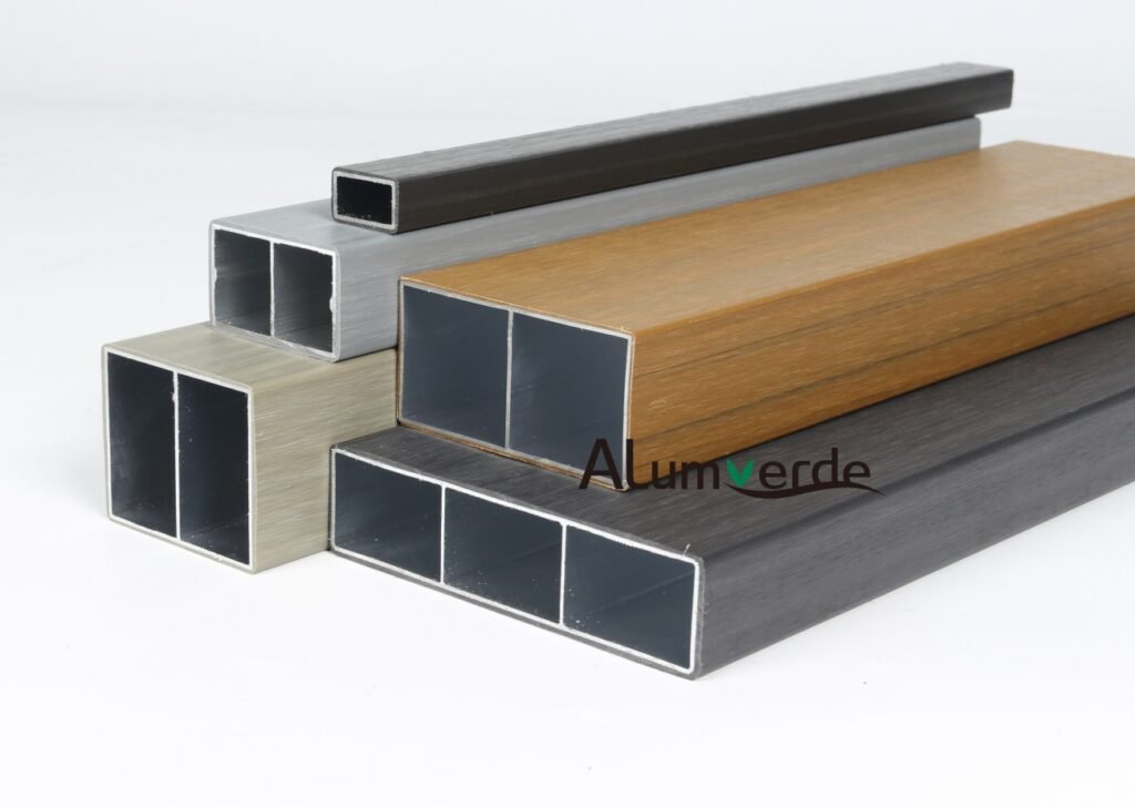 Flexible wood grain co-extrusion aluminum tubes for retail layouts and structures