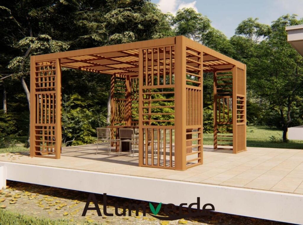 Seamless wood-grain aluminum transitions unify outdoor zones